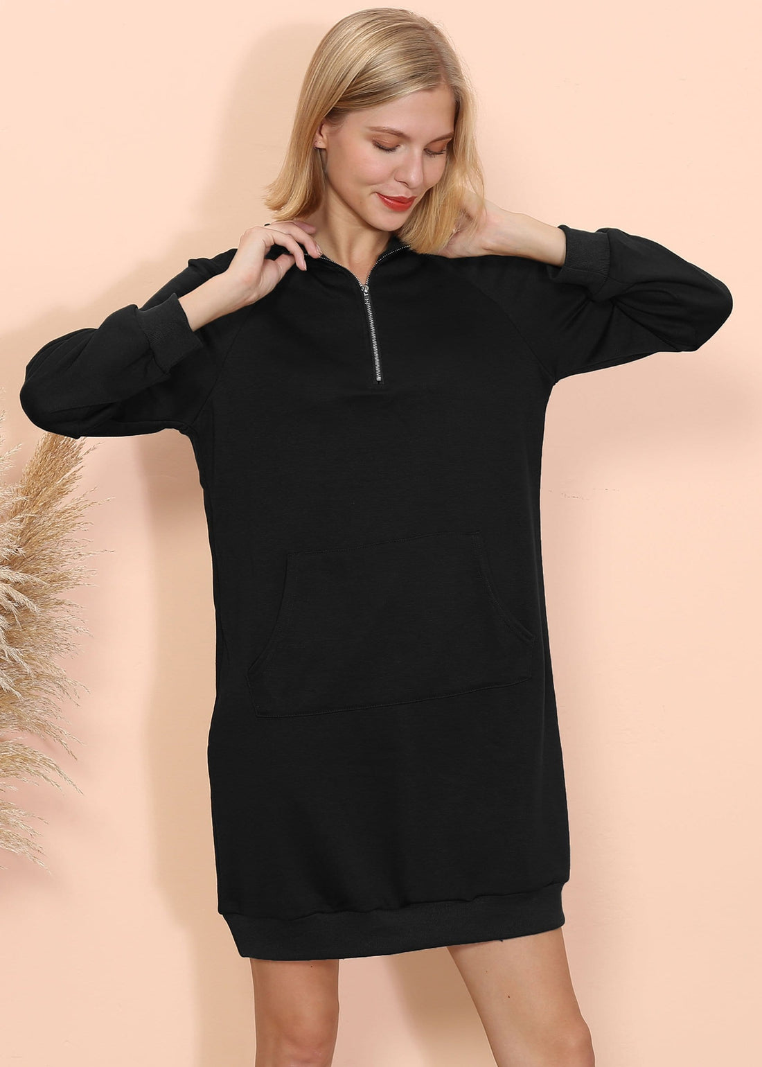 Women's Zip Neck Sweater Dress with Kangaroo Pocket - Image 3