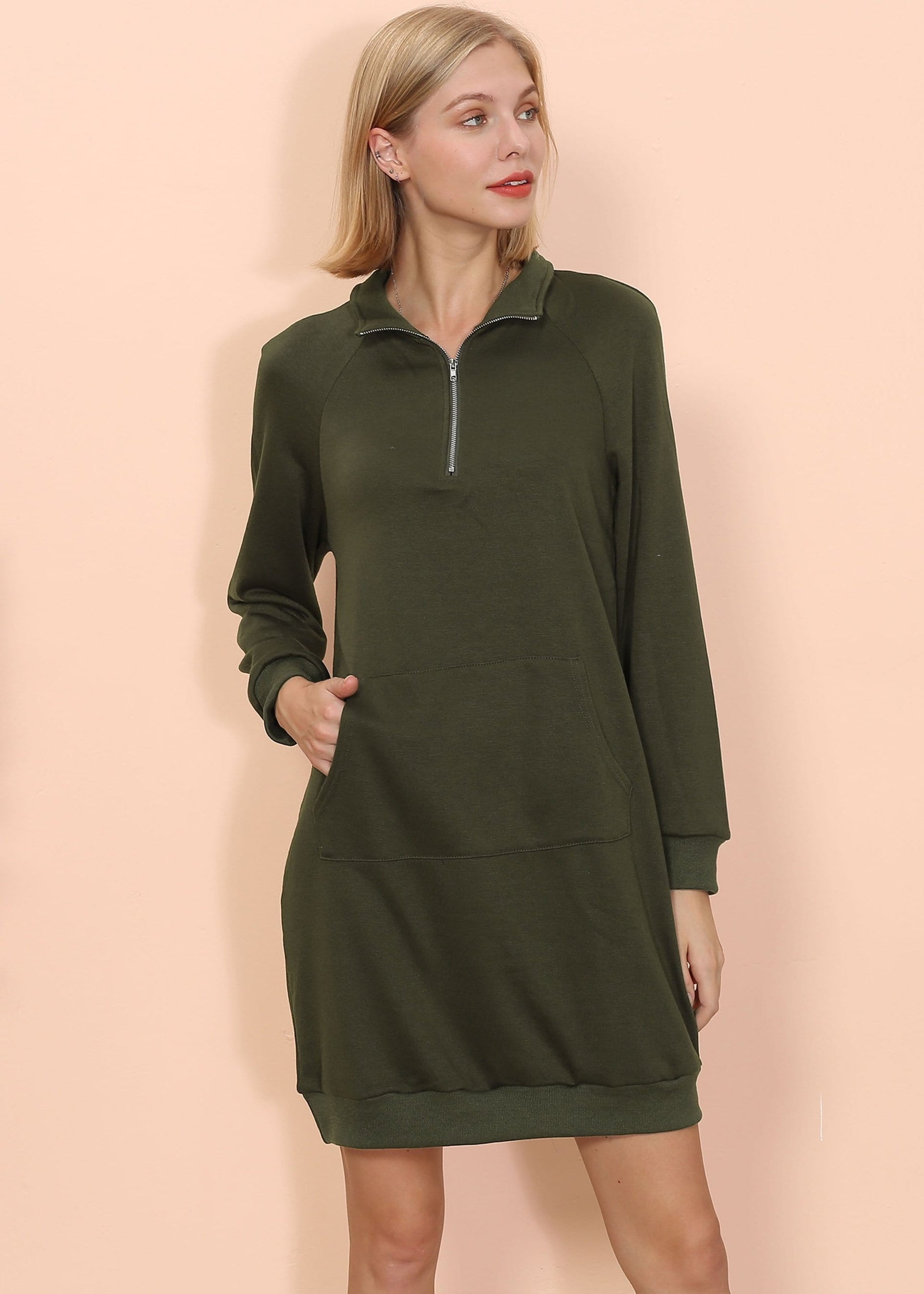 Women's Zip Neck Sweater Dress with Kangaroo Pocket - Image 4