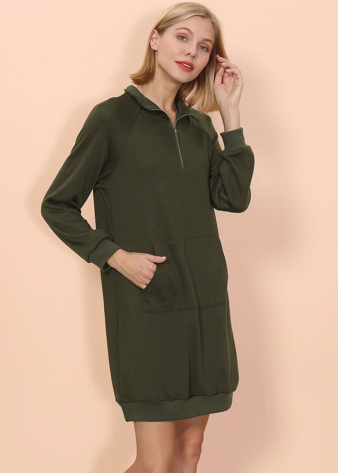 Women's Zip Neck Sweater Dress with Kangaroo Pocket - Image 6