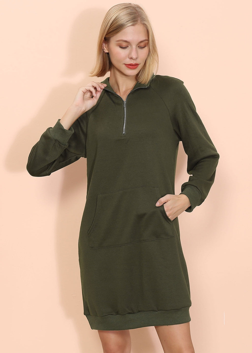 Women's Zip Neck Sweater Dress with Kangaroo Pocket - Image 16