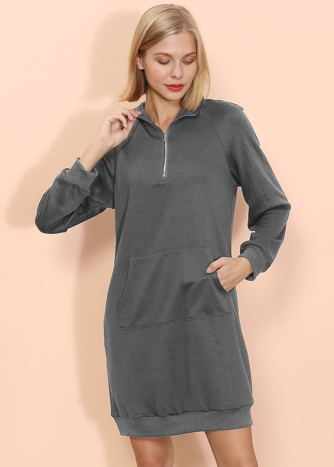 Women's Zip Neck Sweater Dress with Kangaroo Pocket - Image 2