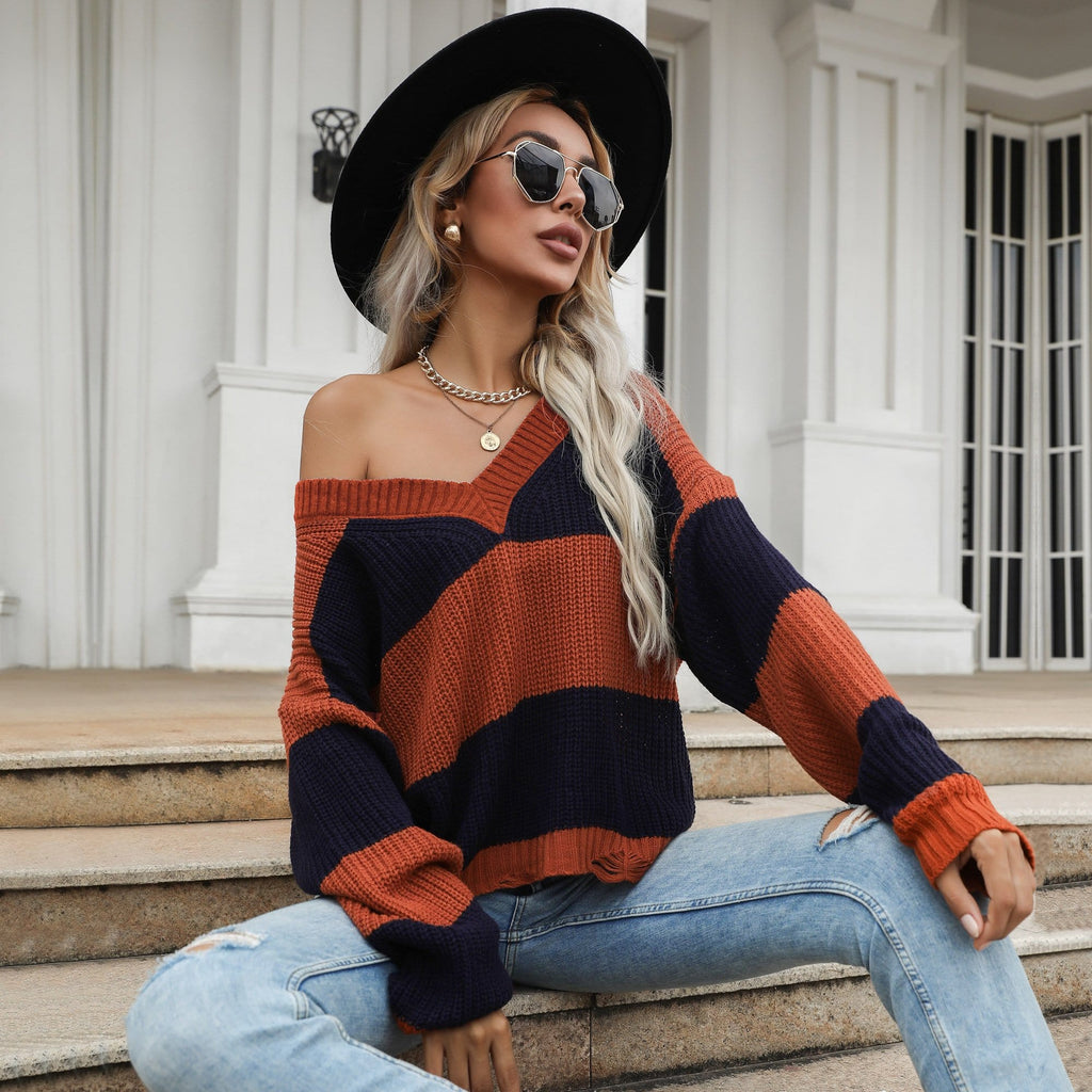 Women's V-Neck Striped Oversized Fall Sweater in Rust and Navy