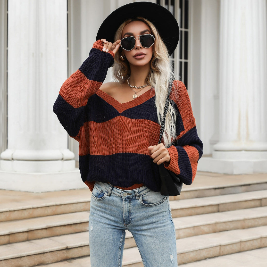 Women's V-Neck Striped Oversized Fall Sweater in Rust and Navy