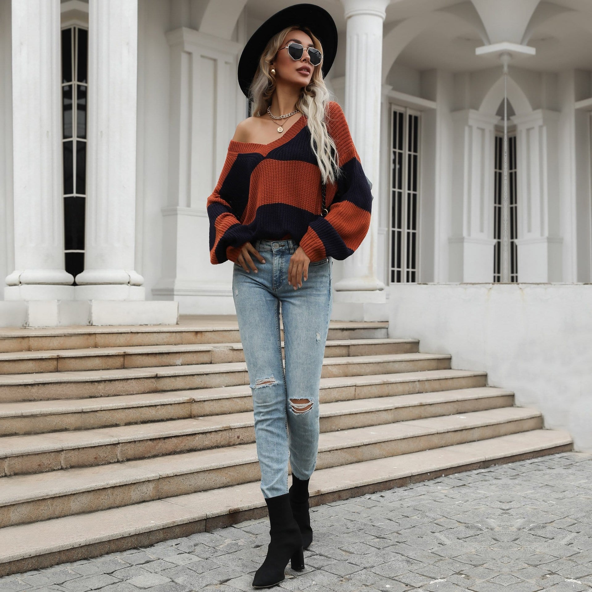 Women's V-Neck Striped Oversized Fall Sweater in Rust and Navy