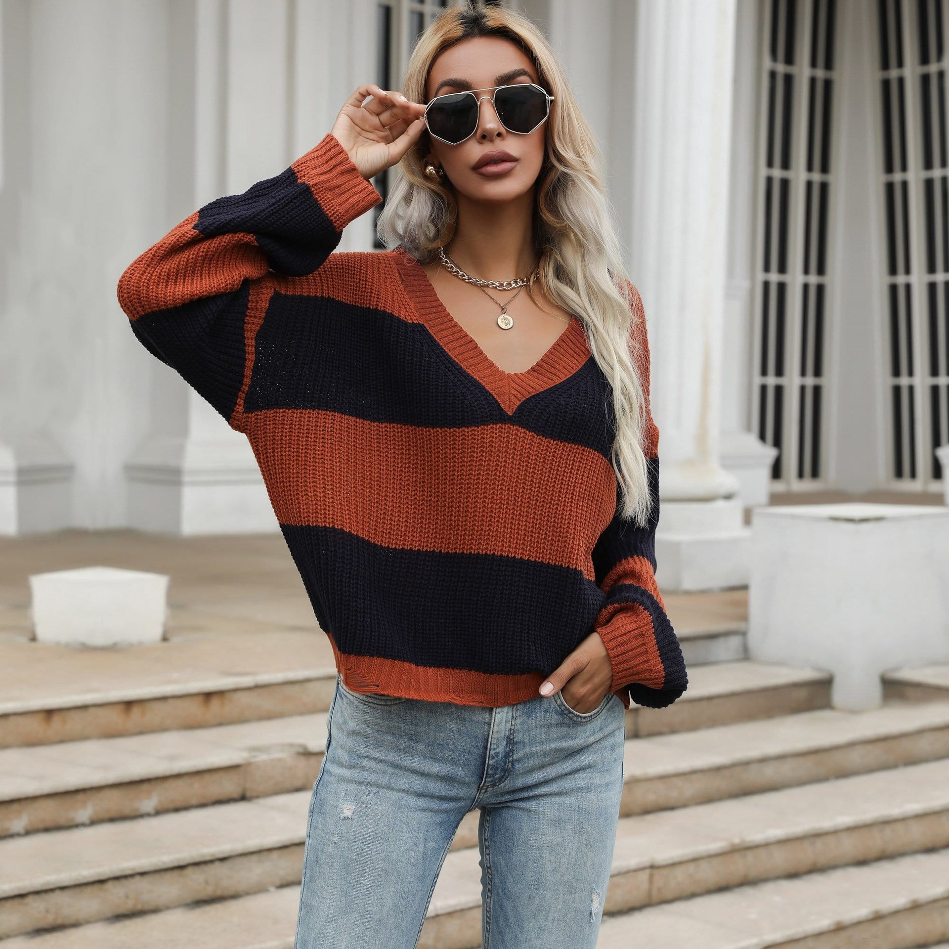 Women's V-Neck Striped Oversized Fall Sweater in Rust and Navy