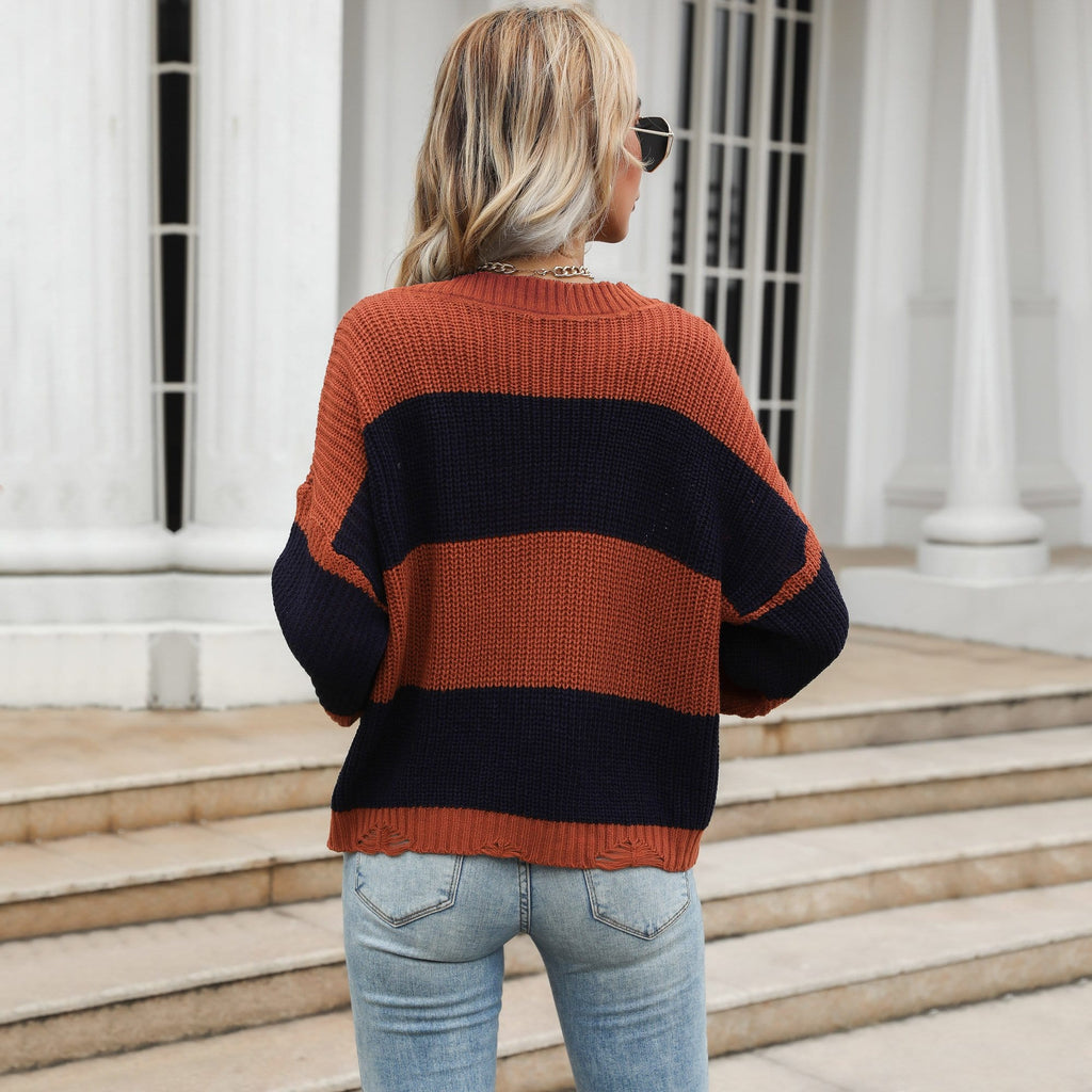 Women's V-Neck Striped Oversized Fall Sweater in Rust and Navy