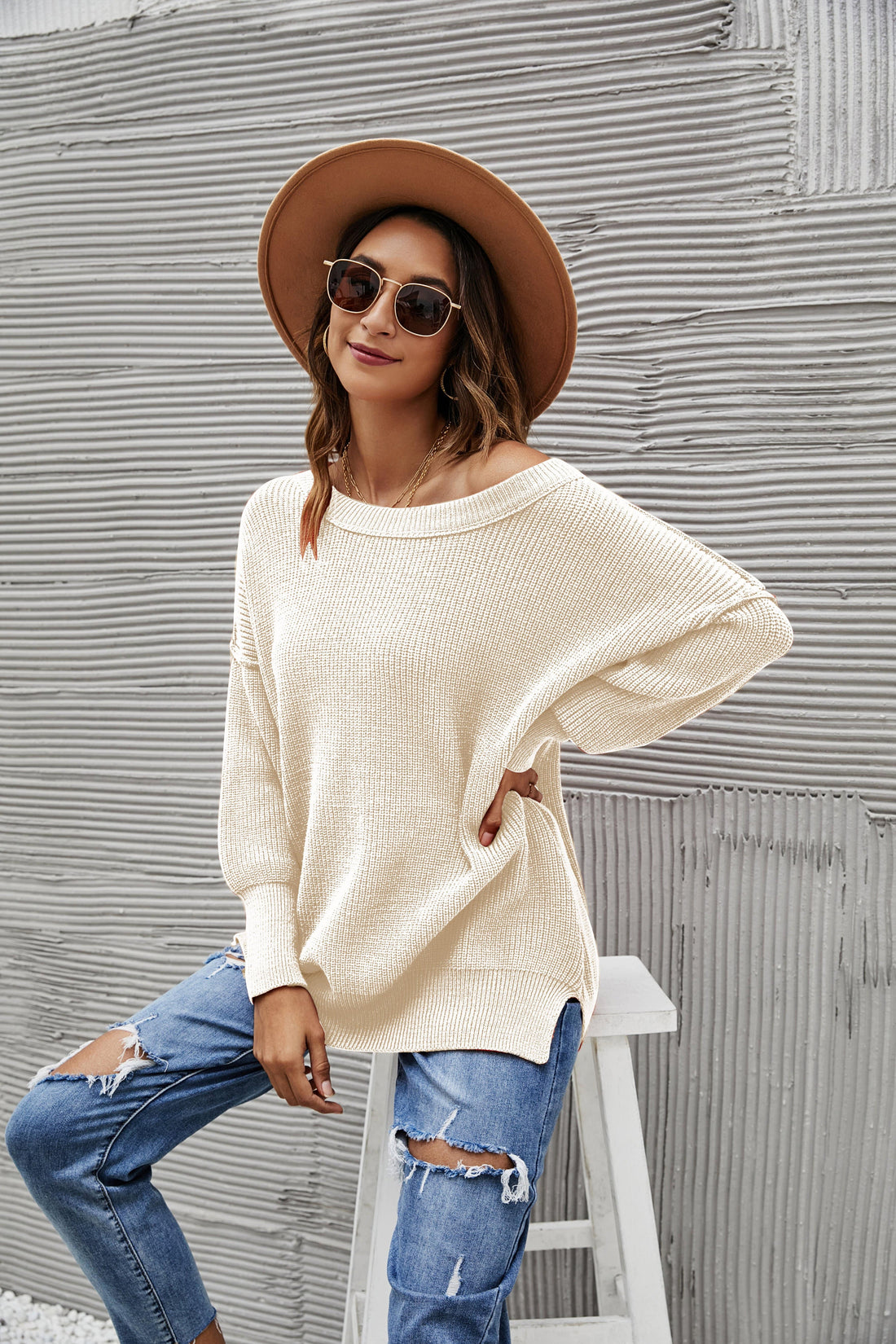 Women's Oversized Chunky Knit Sweater with Side Slits in Brown