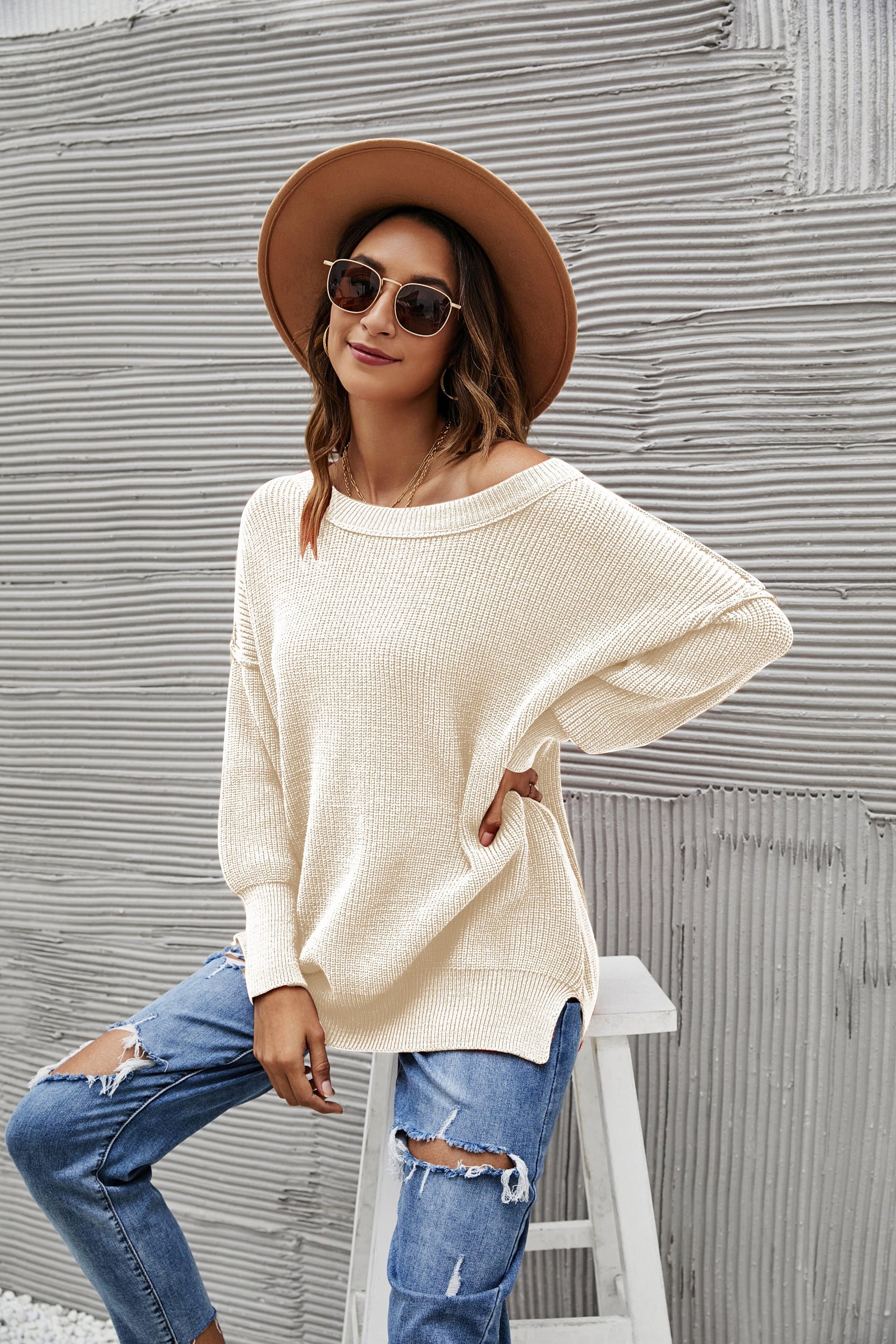 Women's Oversized Chunky Knit Sweater with Side Slits in Brown