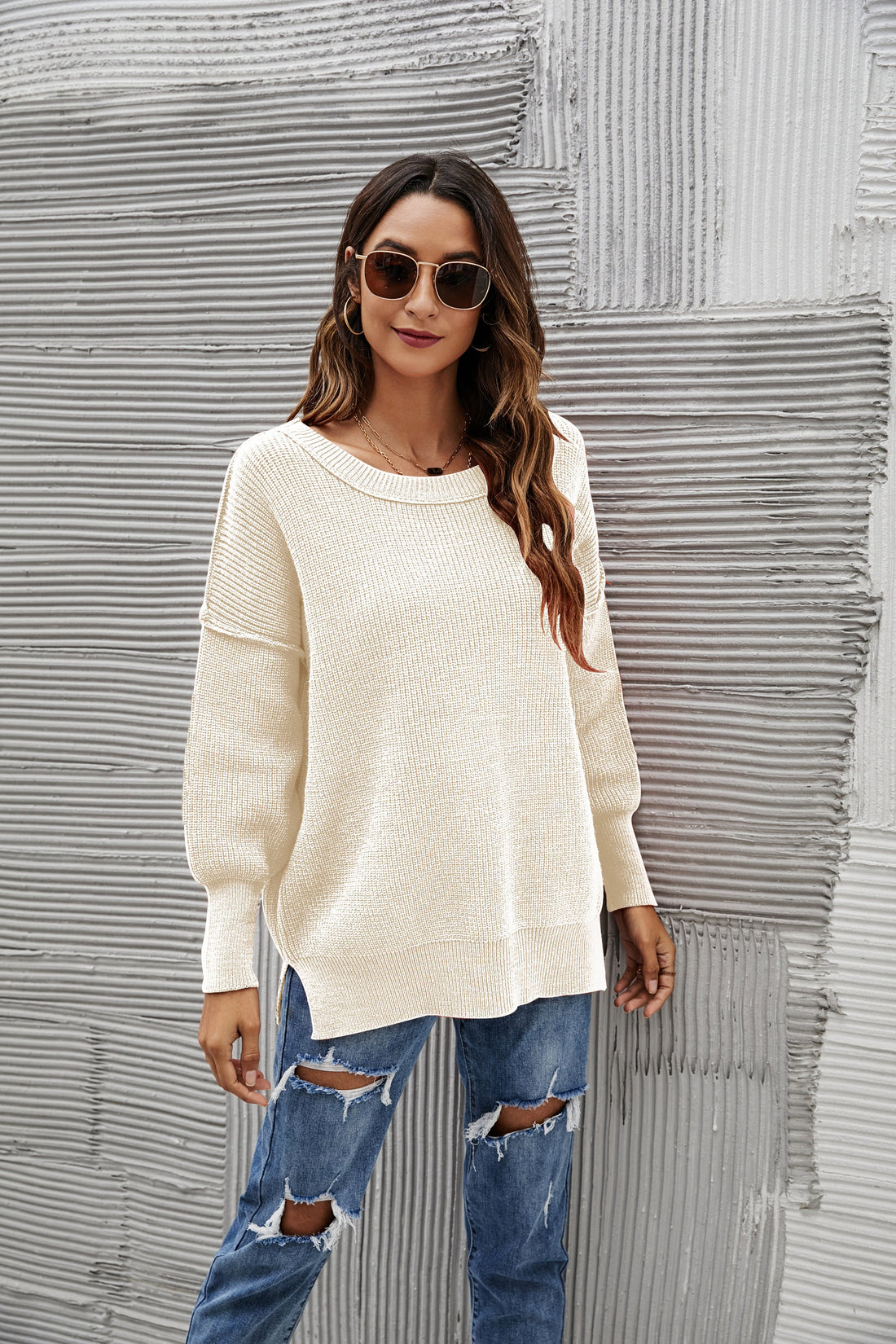 Women's Oversized Chunky Knit Sweater with Side Slits in Brown