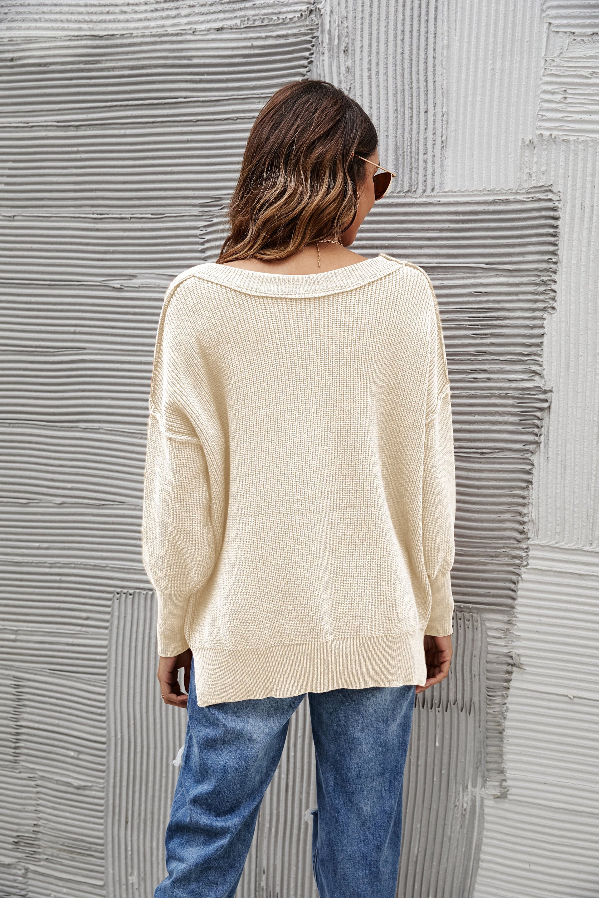 Women's Oversized Chunky Knit Sweater with Side Slits in Brown
