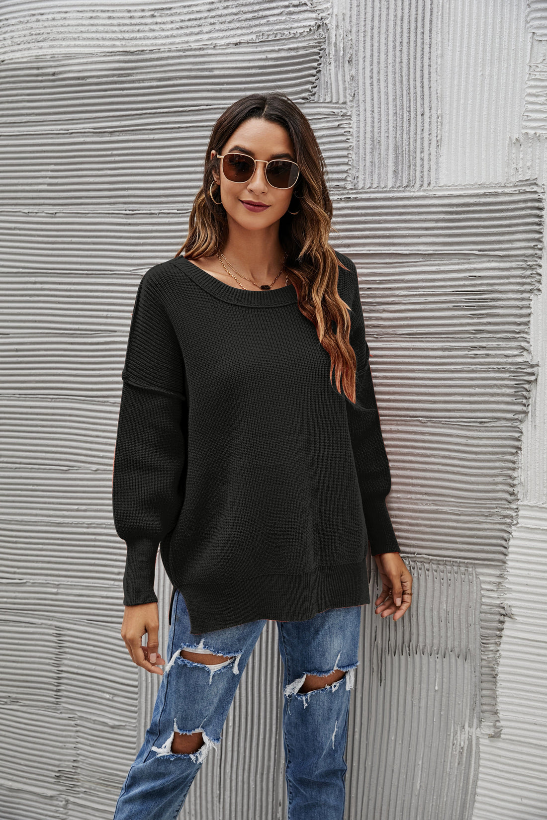Women's Oversized Chunky Knit Sweater with Side Slits in Brown