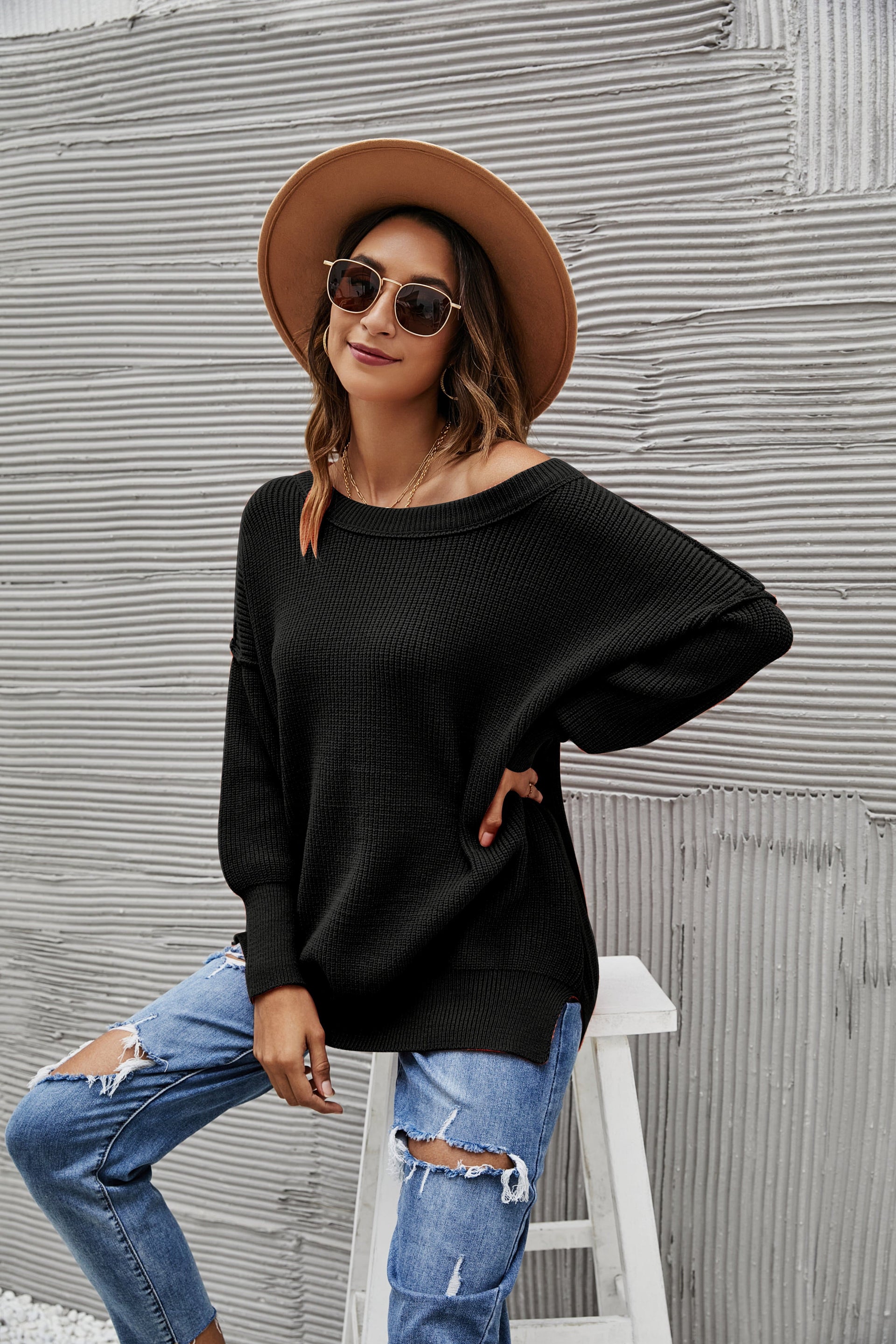 Women's Oversized Chunky Knit Sweater with Side Slits in Brown