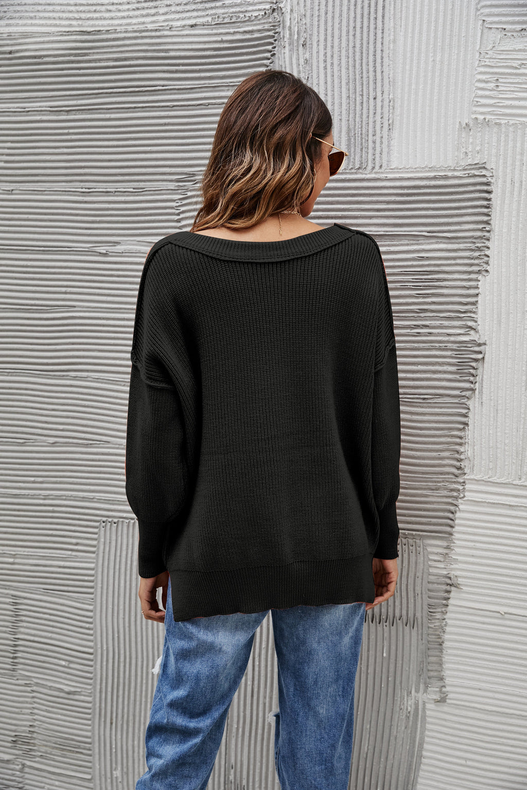 Women's Oversized Chunky Knit Sweater with Side Slits in Brown