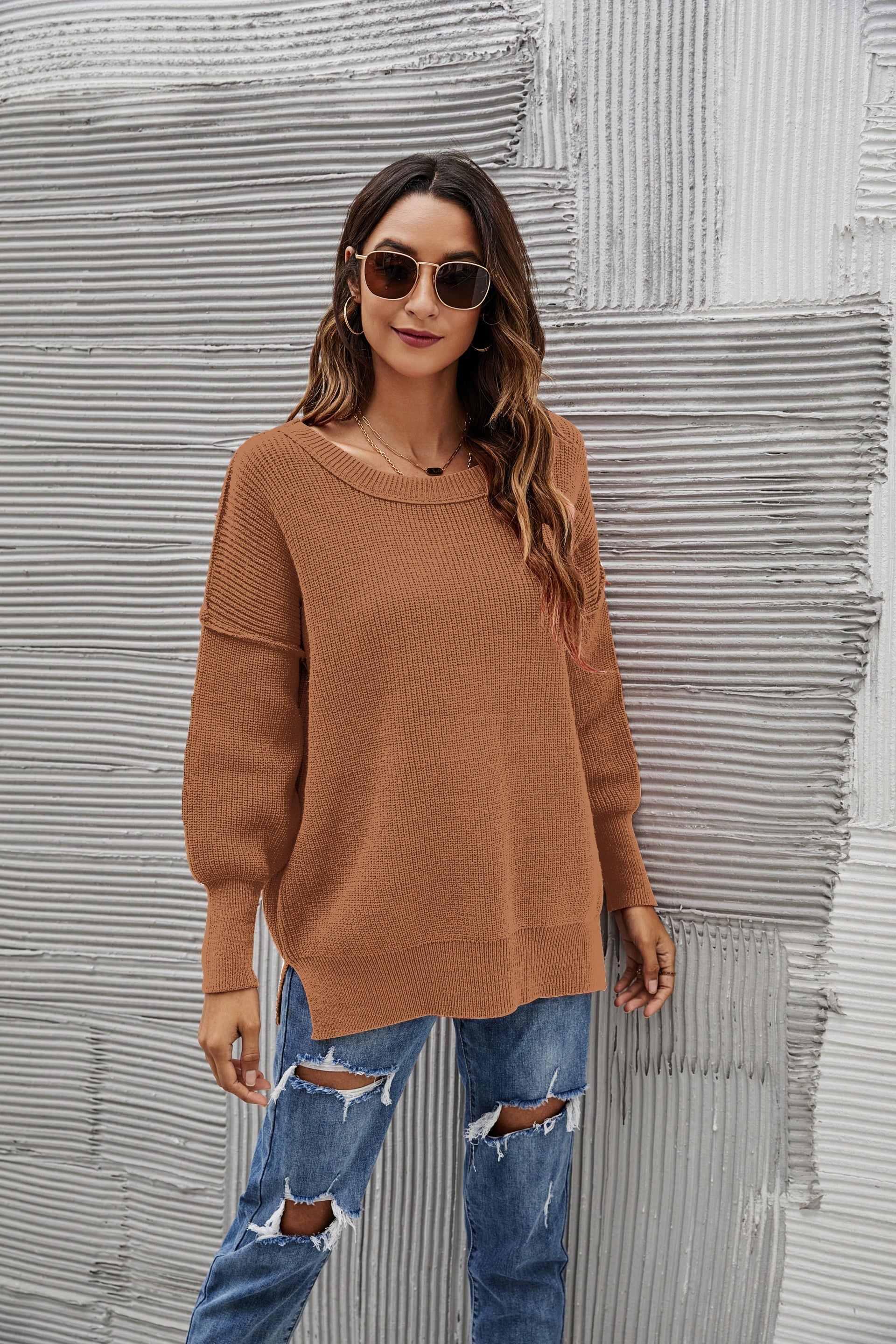 Women's Oversized Chunky Knit Sweater with Side Slits in Brown