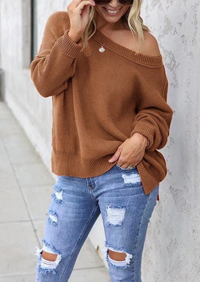 Women's Oversized Chunky Knit Sweater with Side Slits in Brown