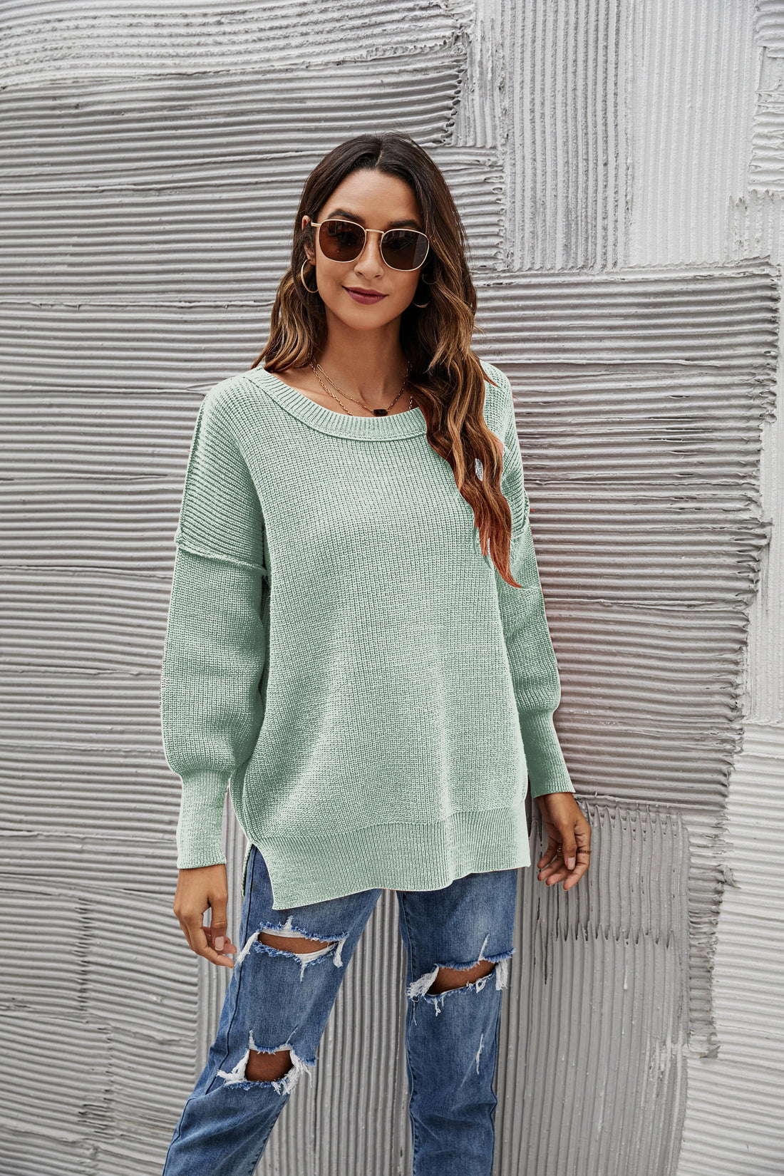 Women's Oversized Chunky Knit Sweater with Side Slits in Brown
