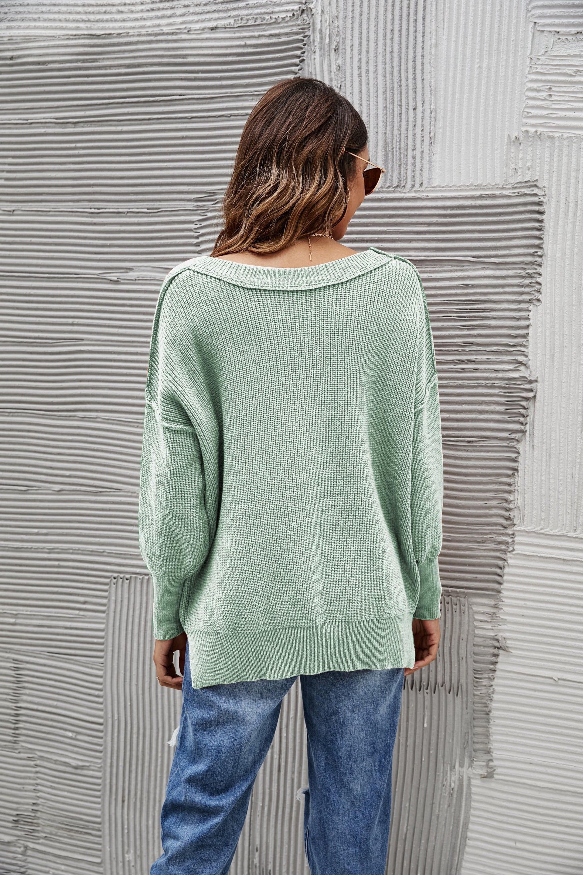 Women's Oversized Chunky Knit Sweater with Side Slits in Brown