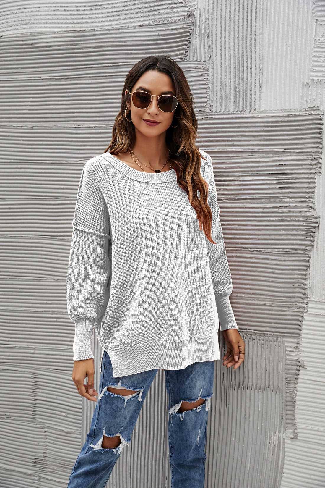 Women's Oversized Chunky Knit Sweater with Side Slits in Brown