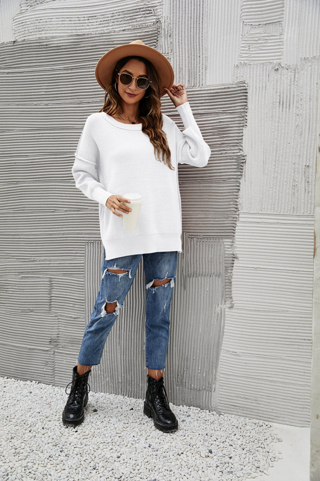 Women's Oversized Chunky Knit Sweater with Side Slits in Brown