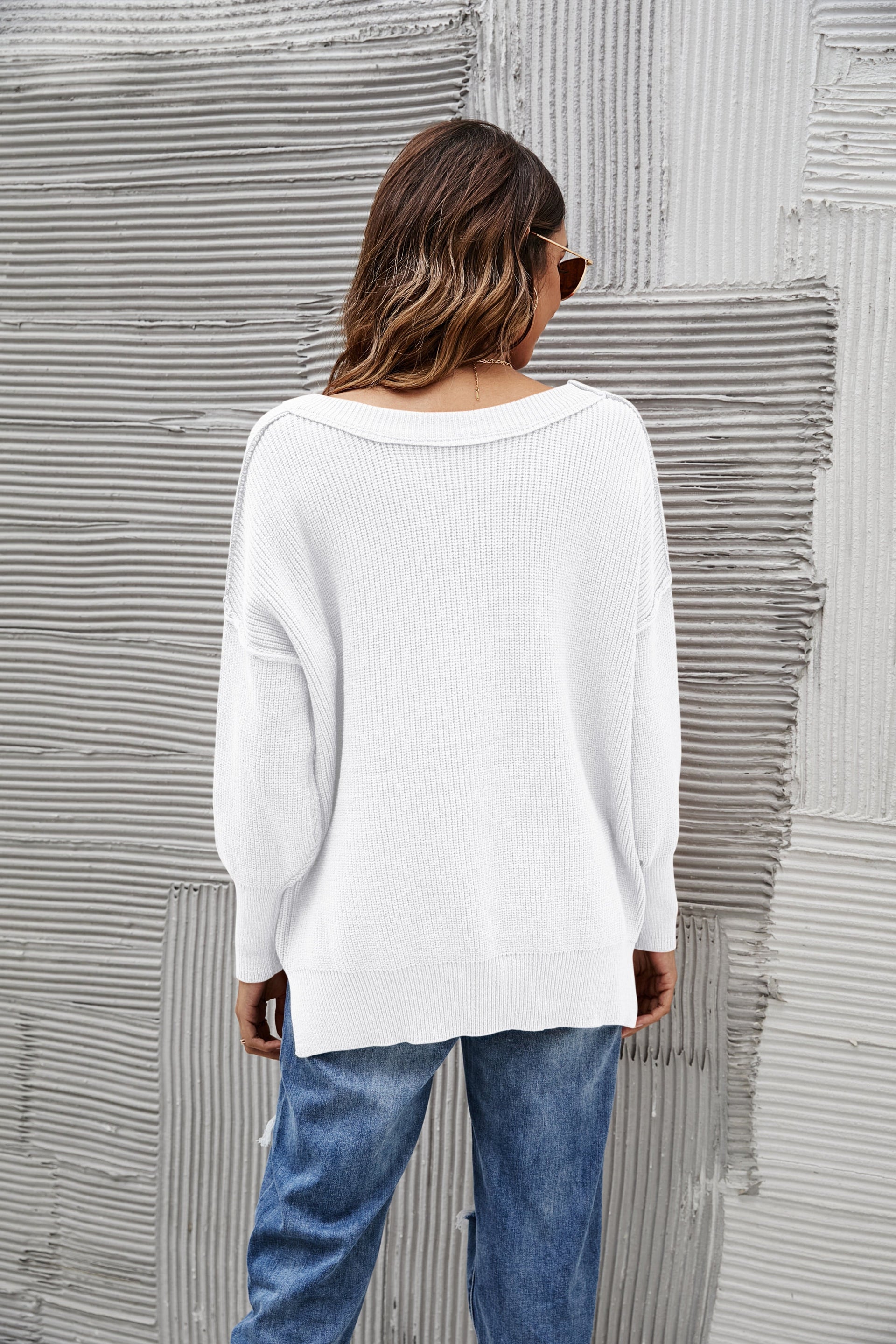 Women's Oversized Chunky Knit Sweater with Side Slits in Brown