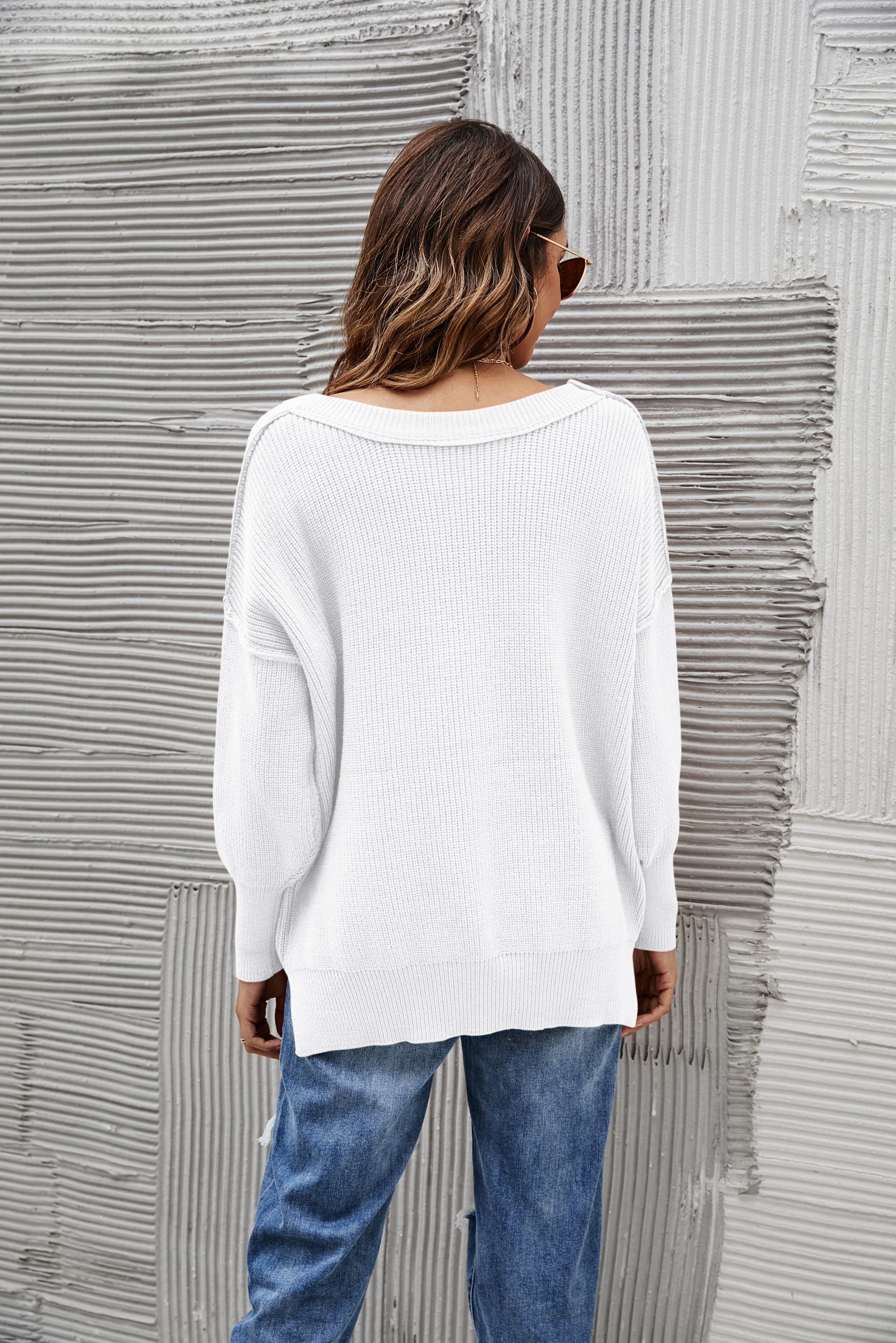 Women's Oversized Chunky Knit Sweater with Side Slits in Brown