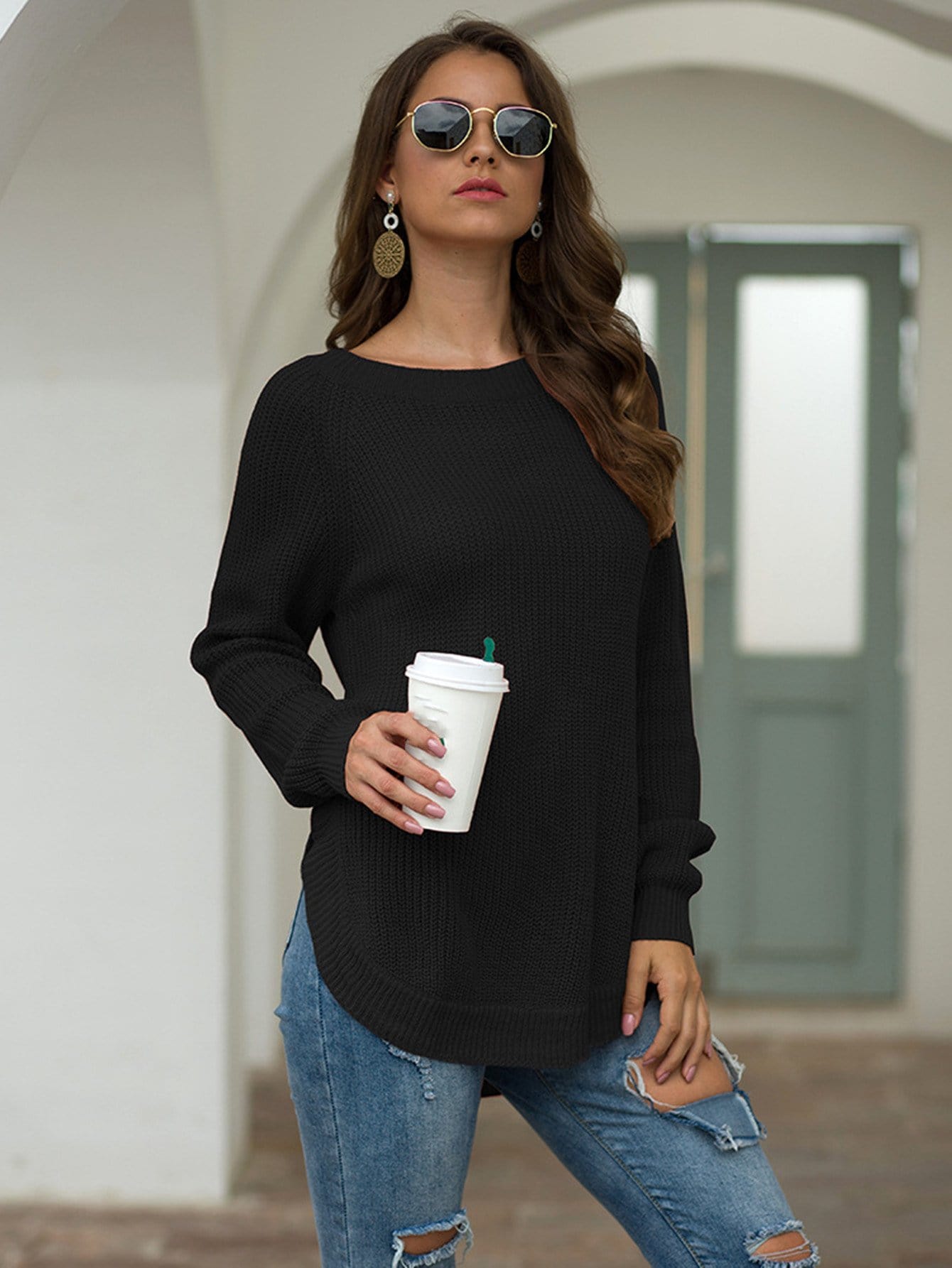 Women's Rust Rounded Hem Long Sleeve Chunky Knit Sweater - Image 26