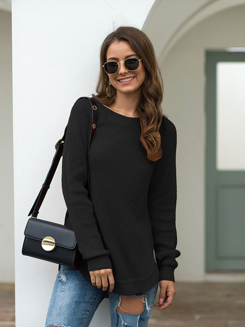Women's Rust Rounded Hem Long Sleeve Chunky Knit Sweater - Image 27
