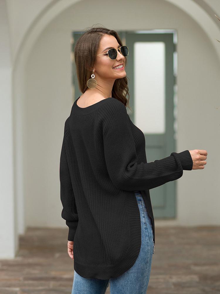 Women's Rust Rounded Hem Long Sleeve Chunky Knit Sweater - Image 29