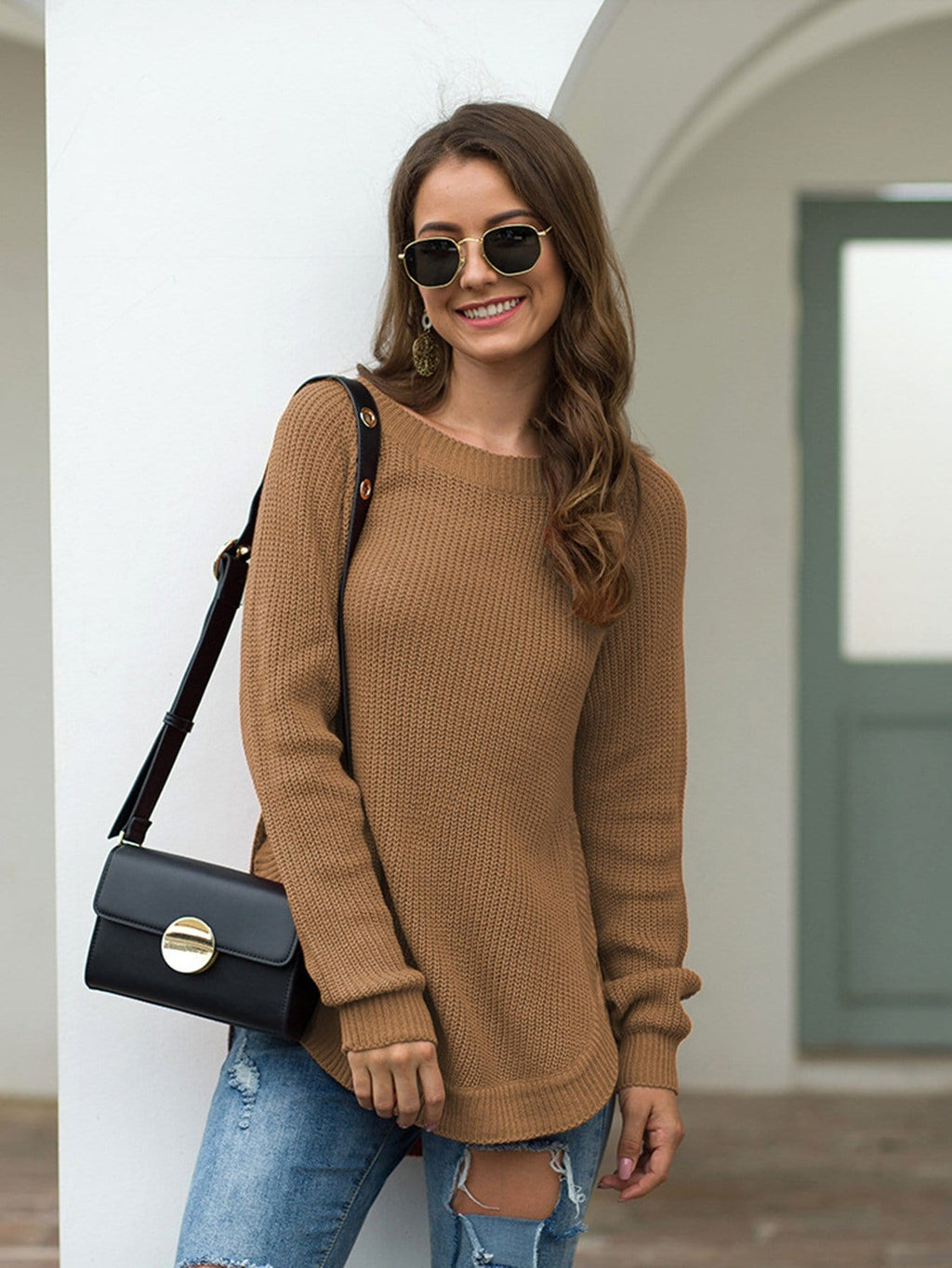 Women's Rust Rounded Hem Long Sleeve Chunky Knit Sweater - Image 35