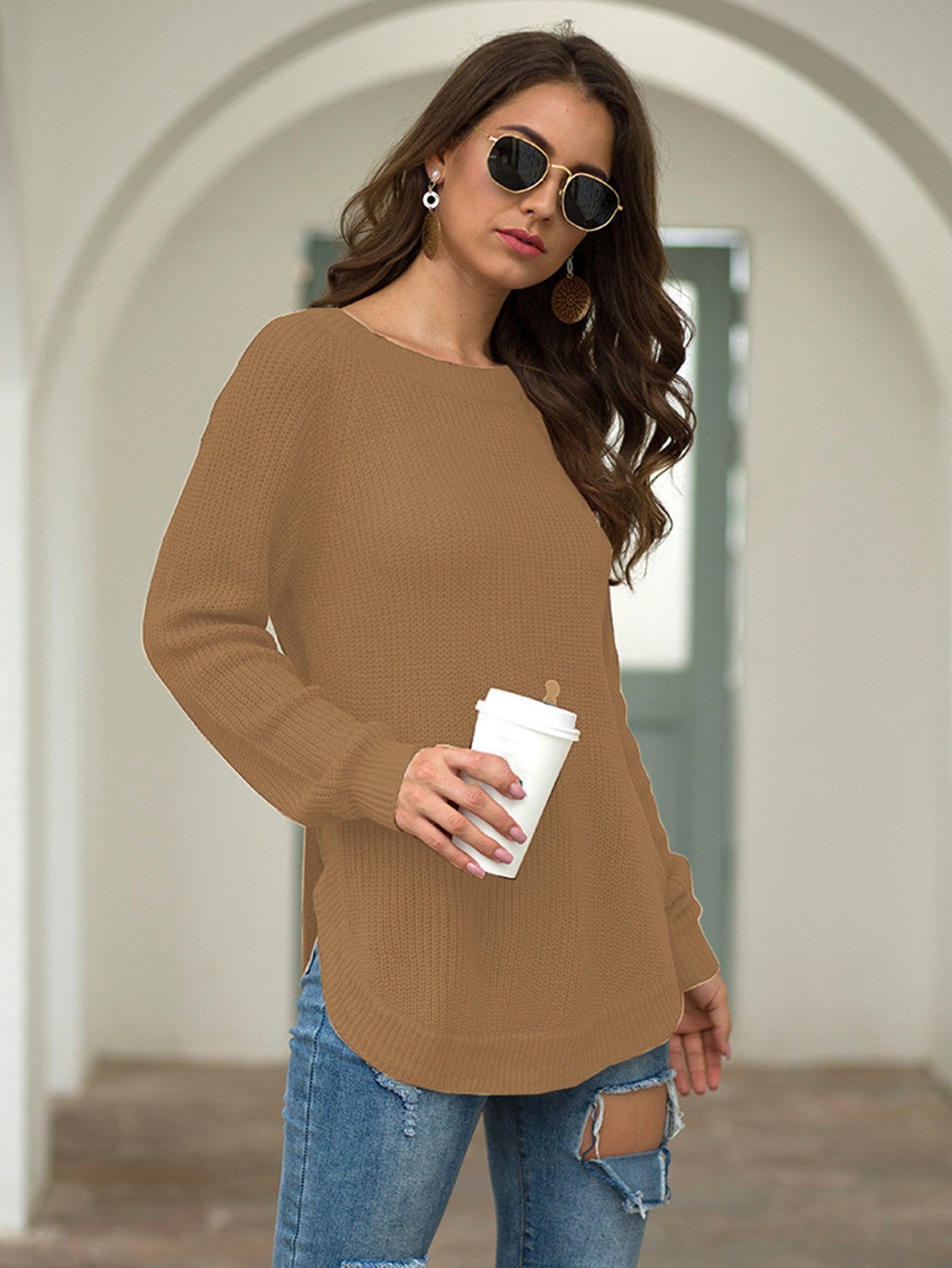 Women's Rust Rounded Hem Long Sleeve Chunky Knit Sweater - Image 37