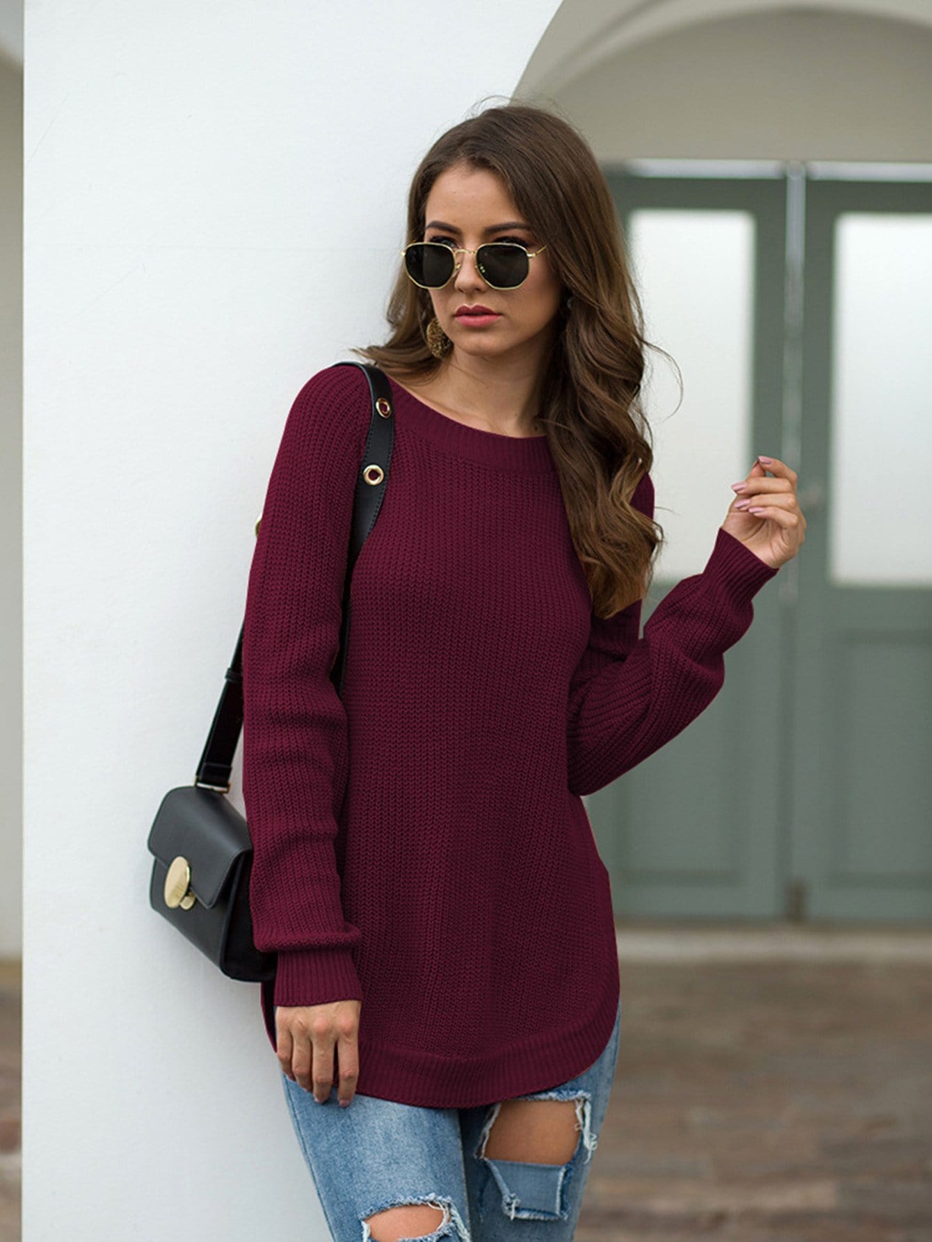 Women's Rust Rounded Hem Long Sleeve Chunky Knit Sweater - Image 44