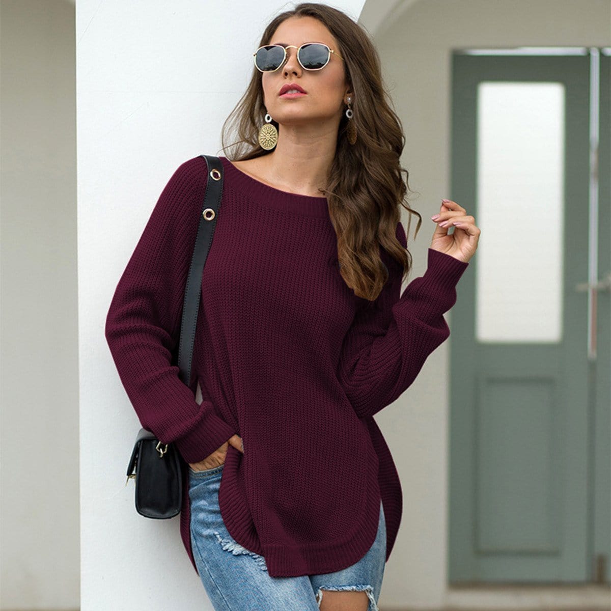 Women's Rust Rounded Hem Long Sleeve Chunky Knit Sweater - Image 45