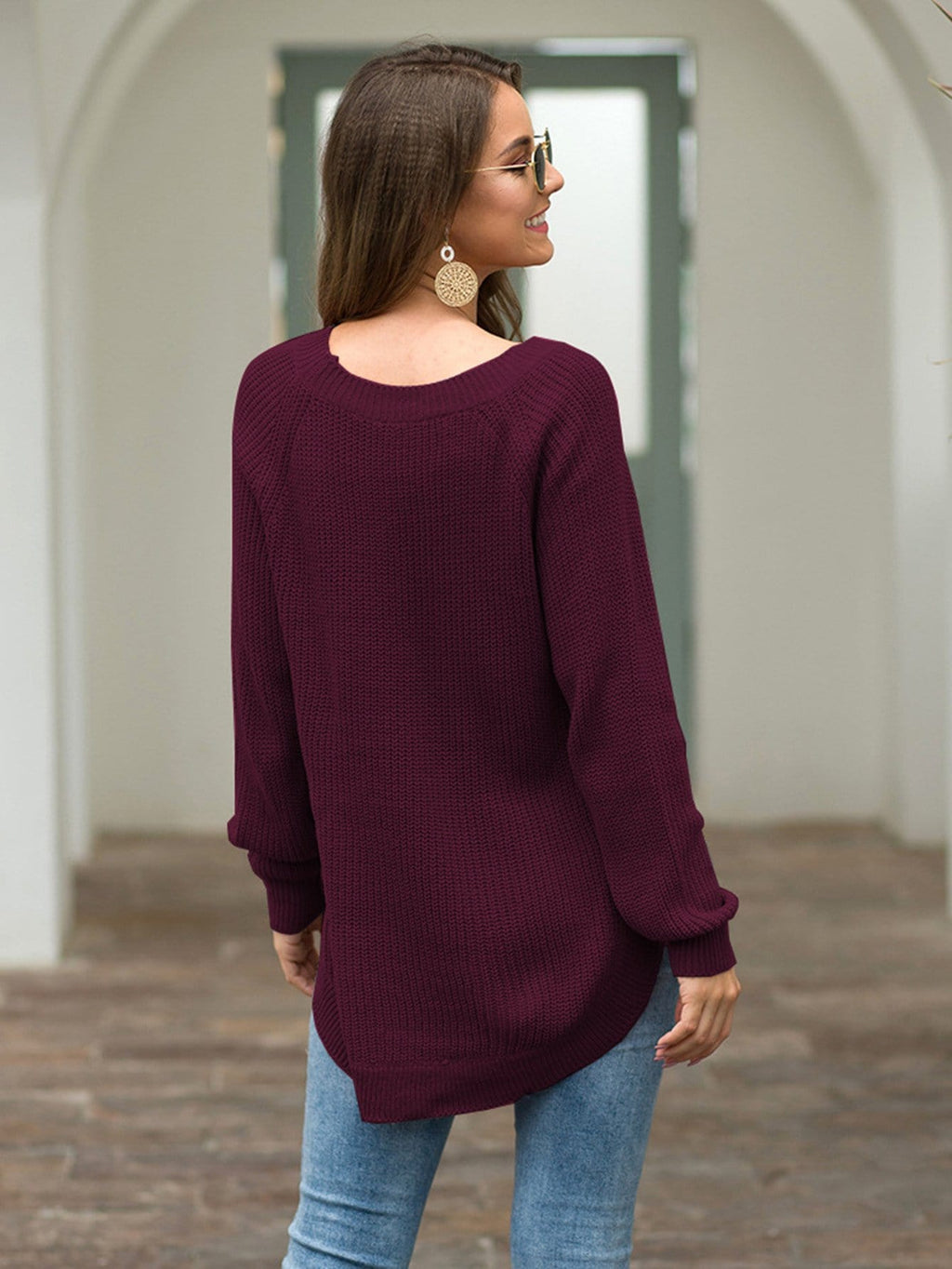 Women's Rust Rounded Hem Long Sleeve Chunky Knit Sweater - Image 48