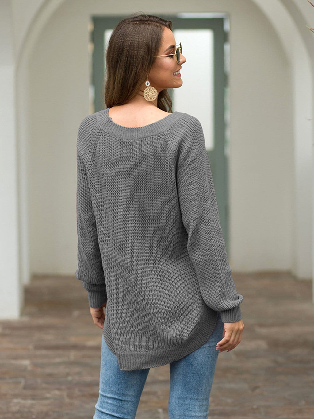 Women's Rust Rounded Hem Long Sleeve Chunky Knit Sweater - Image 32
