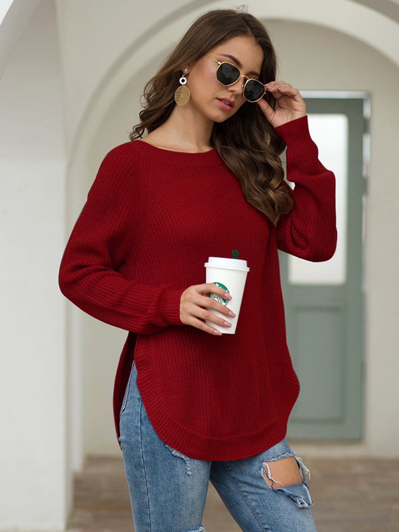 Women's Rust Rounded Hem Long Sleeve Chunky Knit Sweater - Image 40