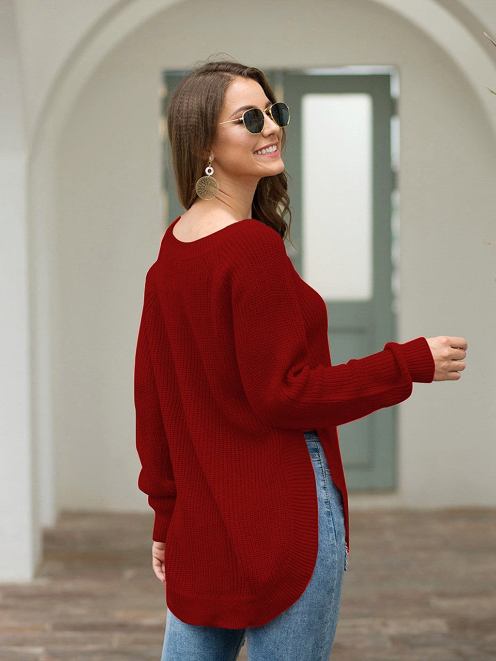 Women's Rust Rounded Hem Long Sleeve Chunky Knit Sweater - Image 41