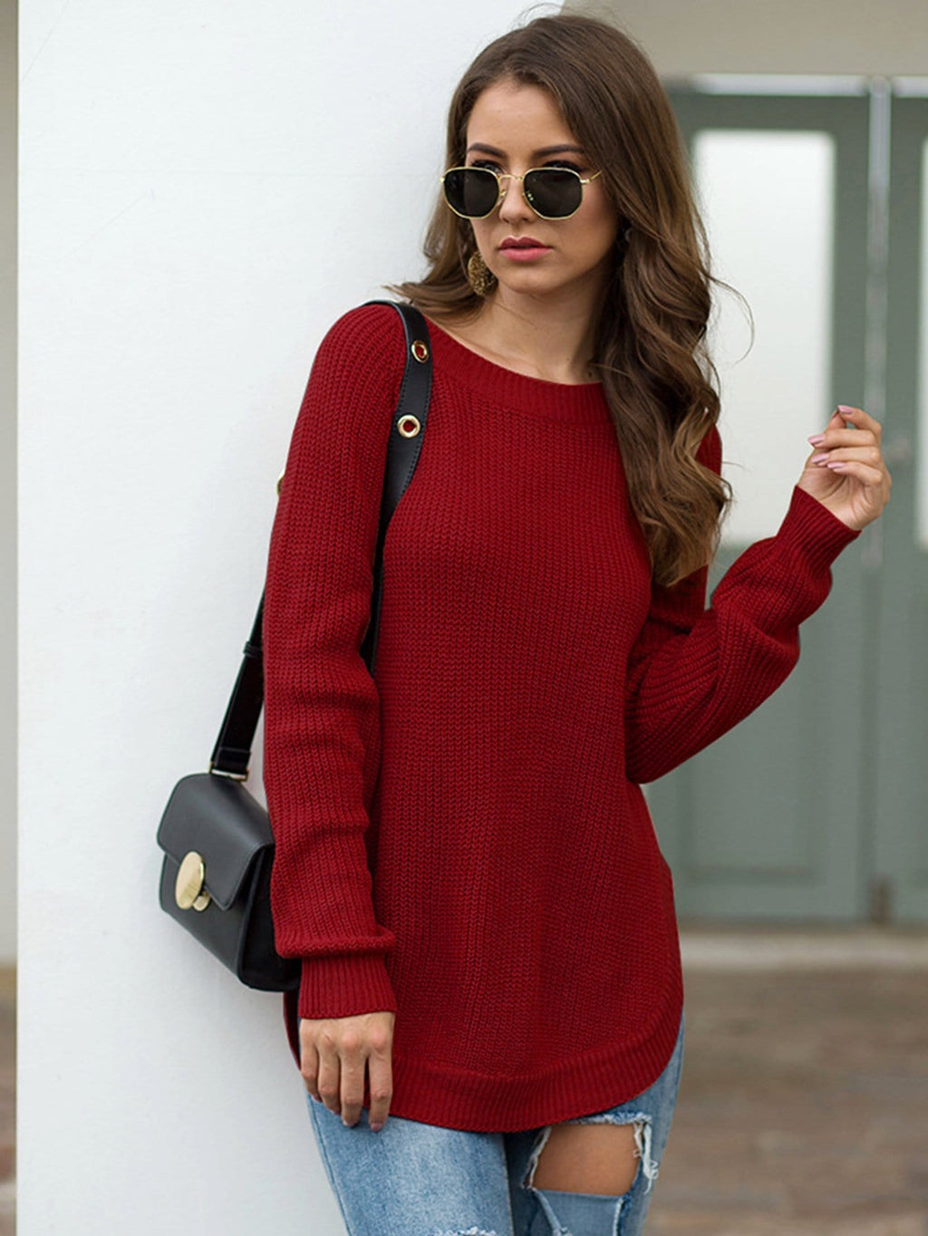 Women's Rust Rounded Hem Long Sleeve Chunky Knit Sweater - Image 42