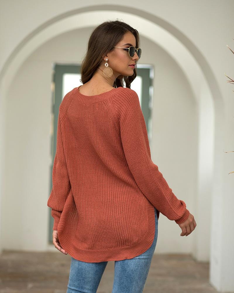 Women's Rust Rounded Hem Long Sleeve Chunky Knit Sweater - Image 19
