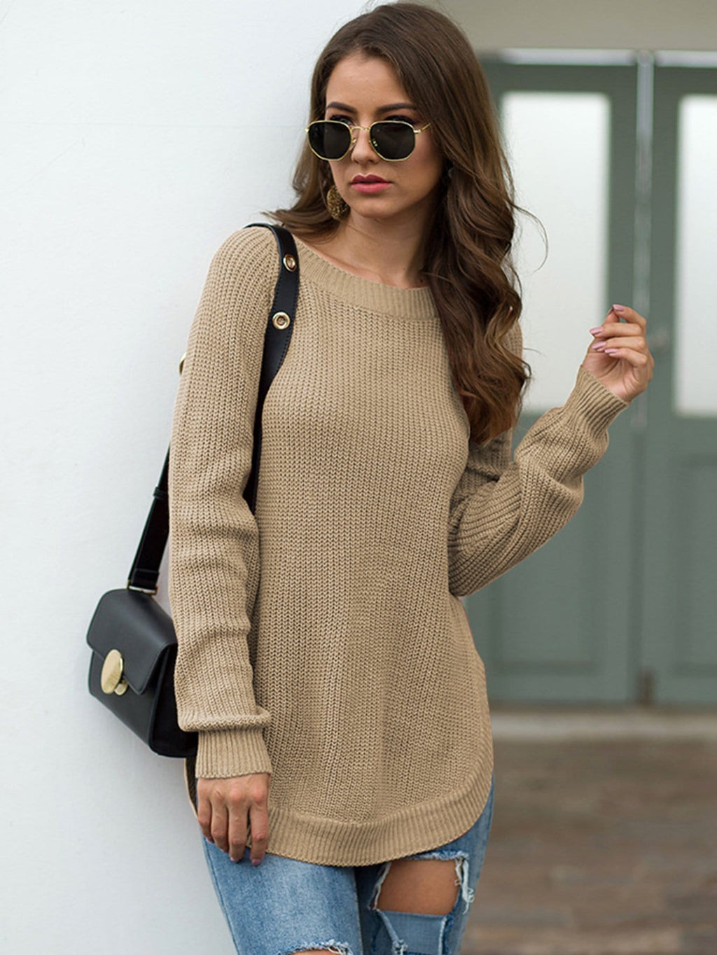 Women's Rust Rounded Hem Long Sleeve Chunky Knit Sweater - Image 6