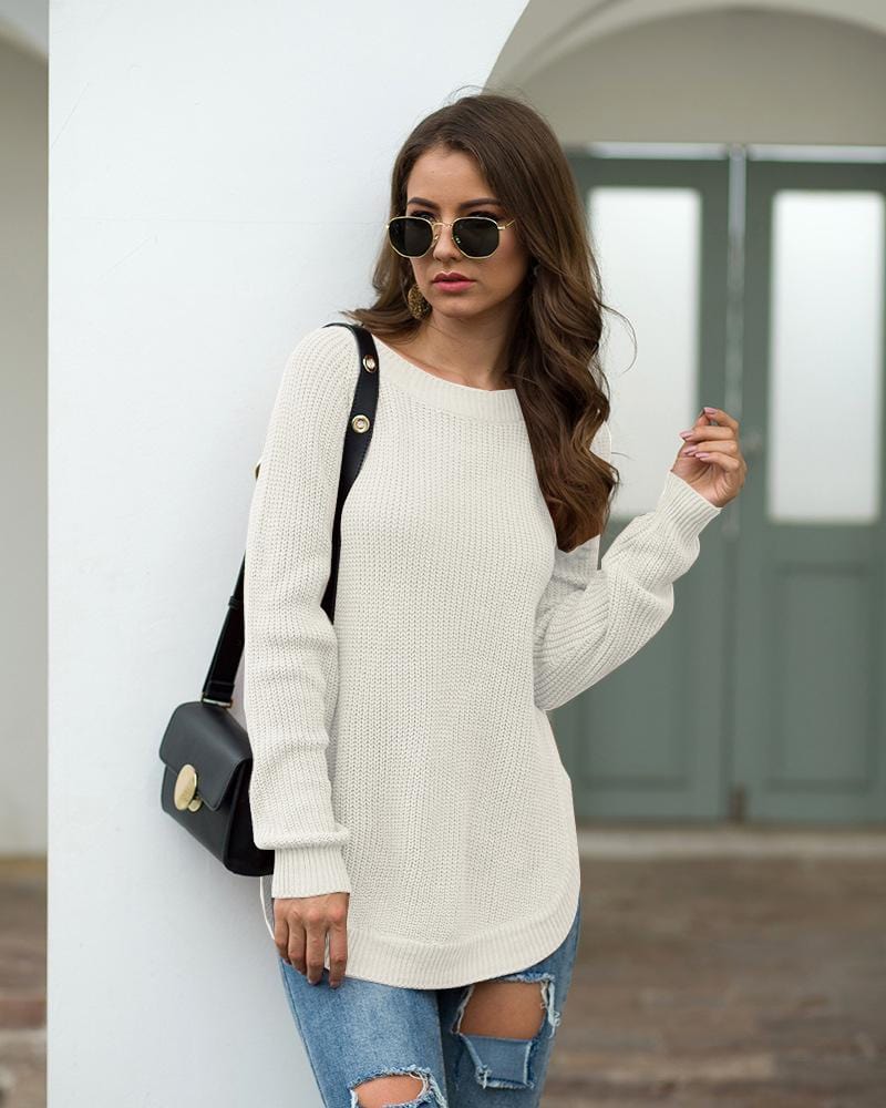 Women's Rust Rounded Hem Long Sleeve Chunky Knit Sweater - Image 9