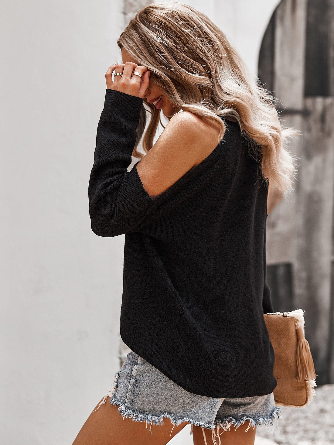 Solid Cold Shoulder Ribbed Knit Long Sleeve Sweater - Image 7