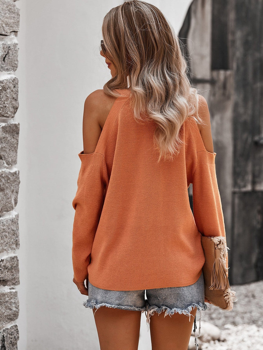 Solid Cold Shoulder Ribbed Knit Long Sleeve Sweater - Image 19