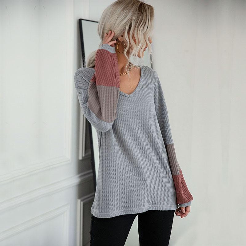 Women's V-Neck Waffle Knit Colorblock Striped Sleeve Sweater - Image 3