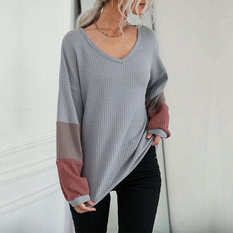 Women's V-Neck Waffle Knit Colorblock Striped Sleeve Sweater - Image 4
