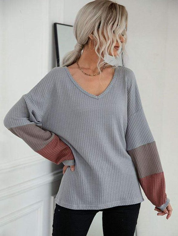 Women's V-Neck Waffle Knit Colorblock Striped Sleeve Sweater - Image 2