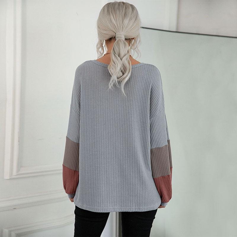 Women's V-Neck Waffle Knit Colorblock Striped Sleeve Sweater - Image 5