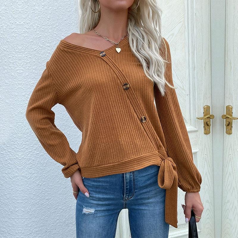 Women's Ribbed Knit Asymmetrical Button Sweater with Tie Detail