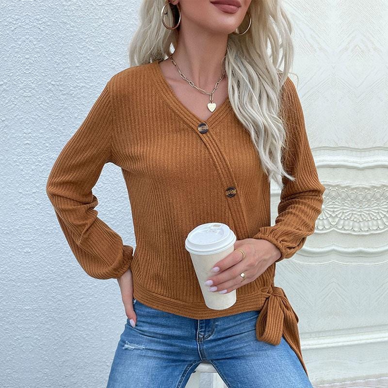 Women's Ribbed Knit Asymmetrical Button Sweater with Tie Detail