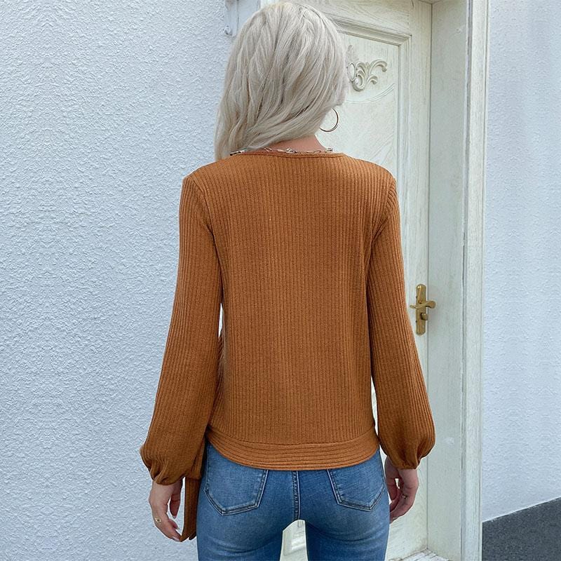Women's Ribbed Knit Asymmetrical Button Sweater with Tie Detail