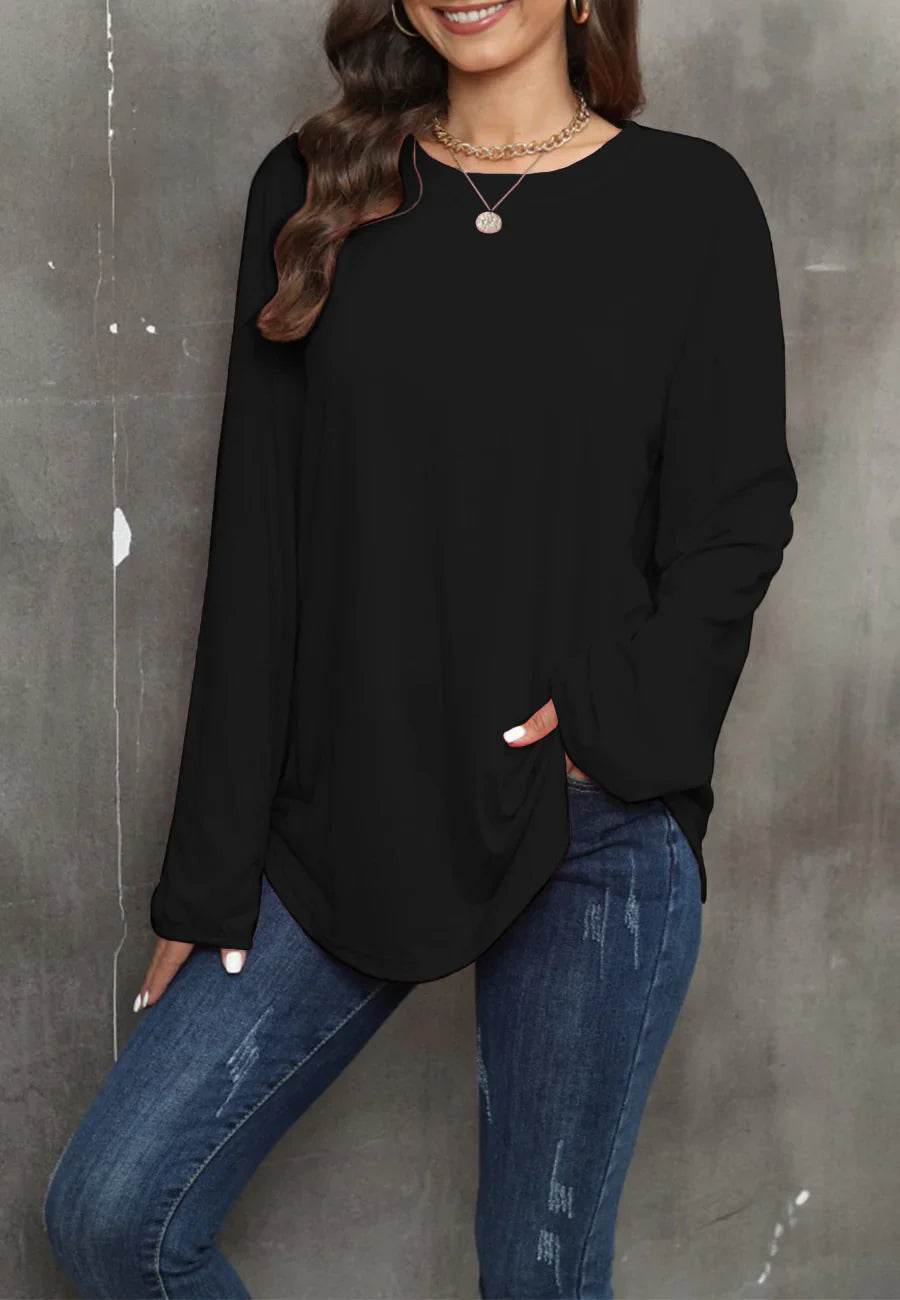 Women's Solid Black Long Sleeve Loose Fit Round Neck Sweater